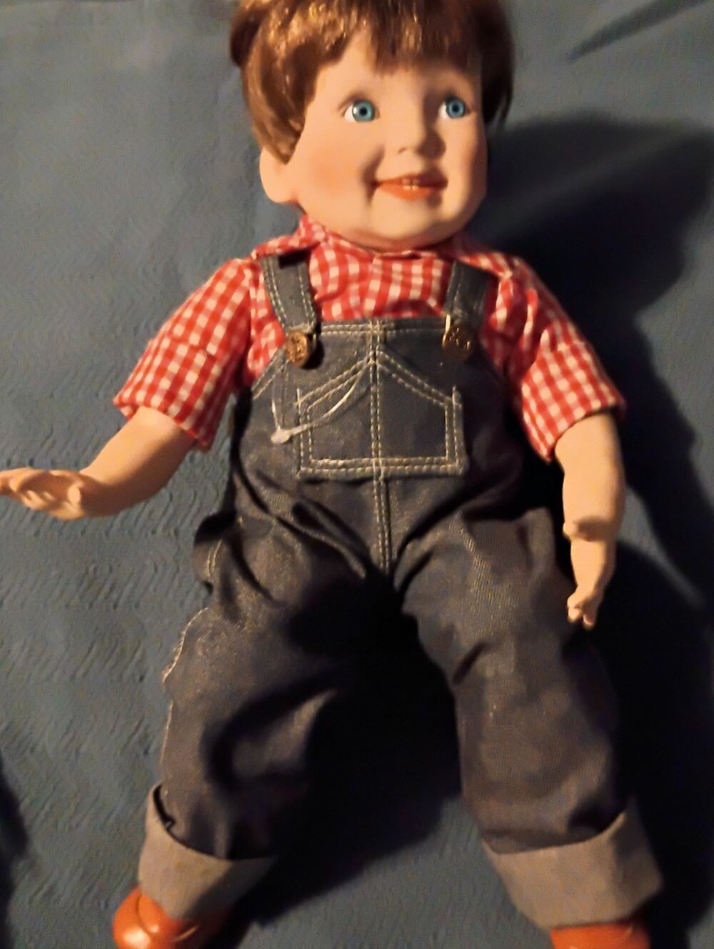 Classic Boy Doll in Red Check Shirt and Blue Overalls